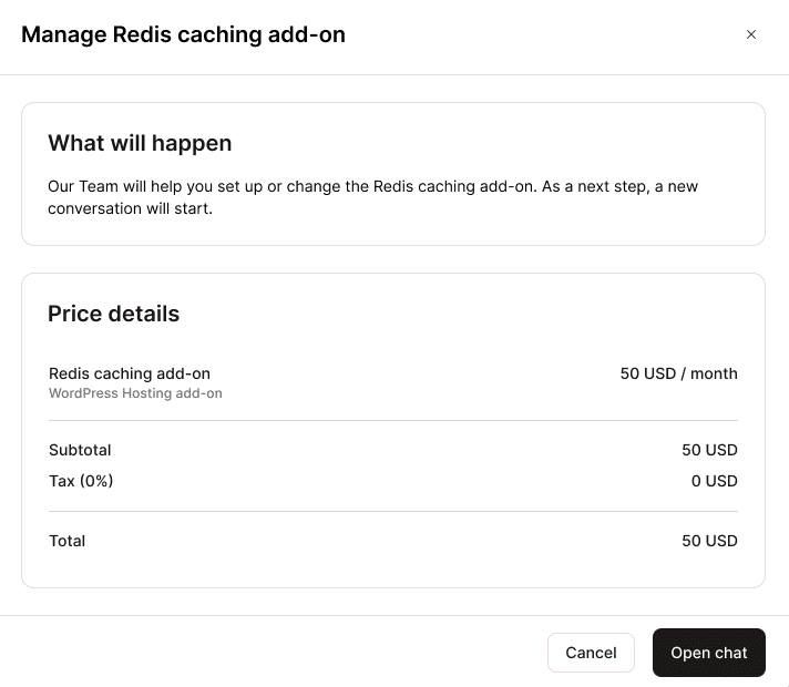 Redis caching add-on pricing information.