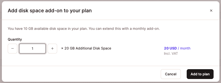 Disk space add-on quantity.