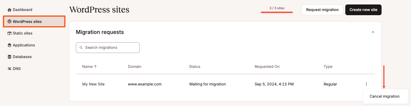 Abbrechen einer Website-Migration in MyKinsta