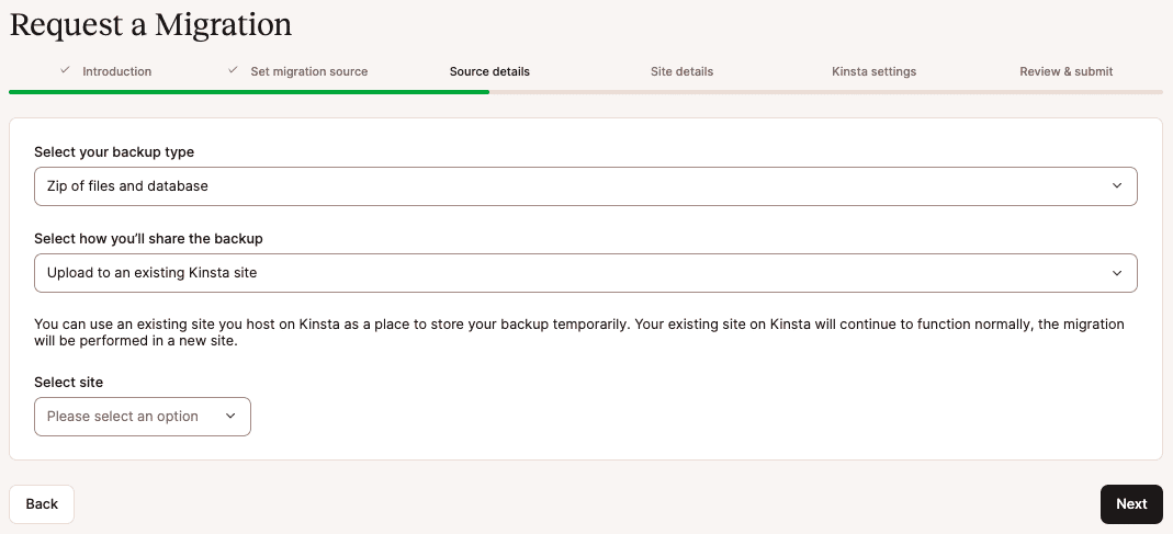 Escolha o tipo de backup e como você deseja compartilhar o backup com a equipe de migrações da Kinsta.