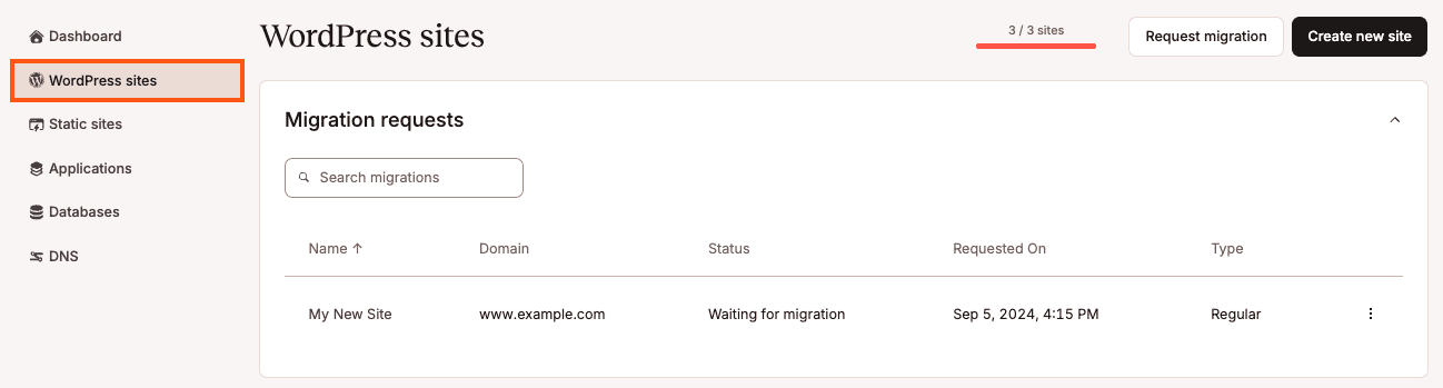 View migration requests on your WordPress Sites page in MyKinsta.