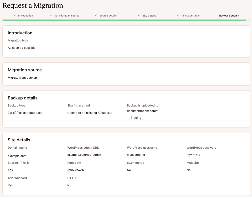 Revise e envie sua migração a partir de um backup.