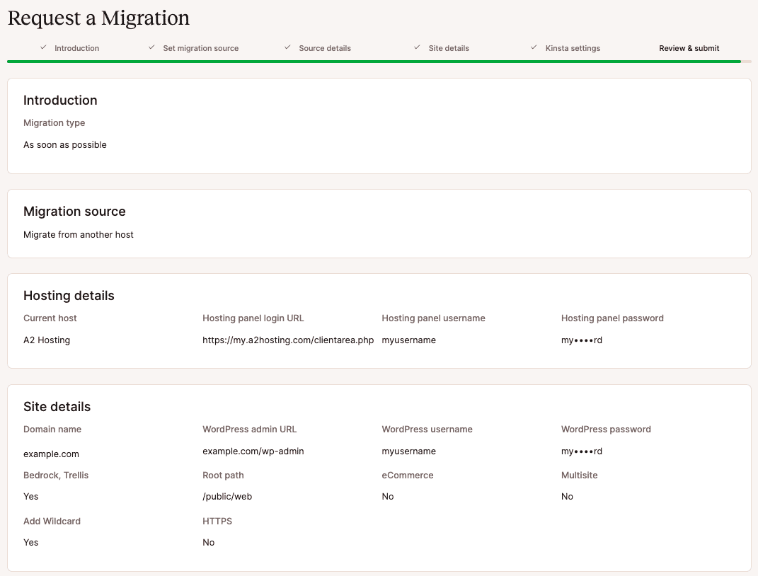 Revise e envie sua migração de outro provedor de hospedagem.