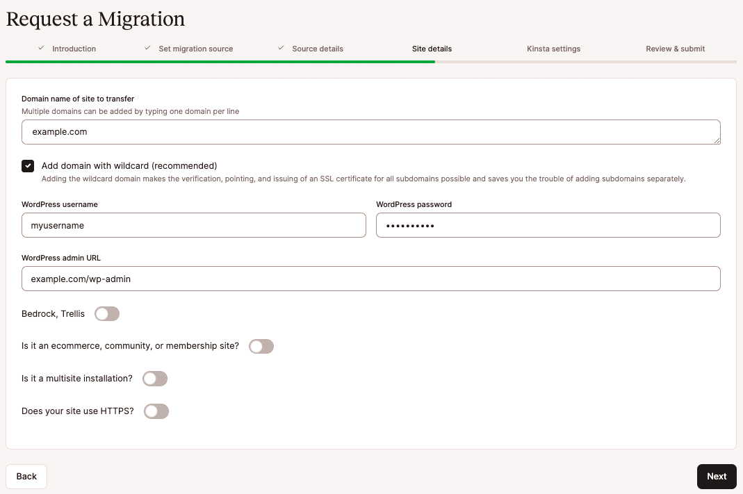 Completa los detalles del sitio en tu solicitud de migración.