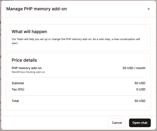 PHP memory add-on pricing information.