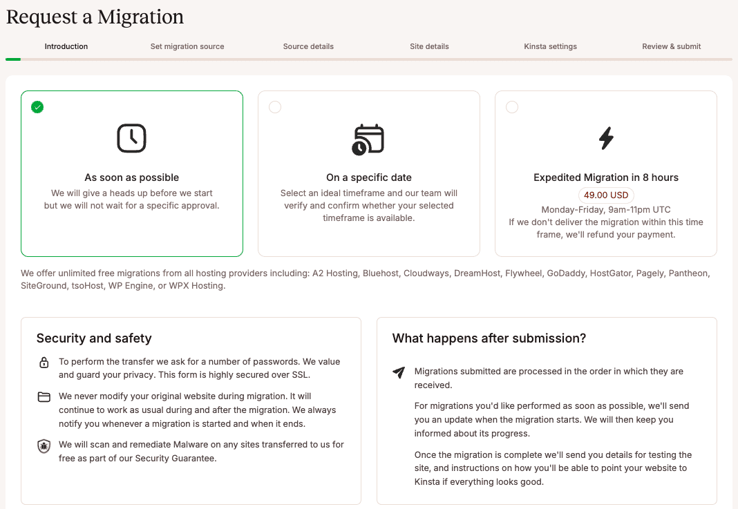 Escolha o seu prazo e leia atentamente a introdução e as condições da solicitação de migração.introduction and conditions.