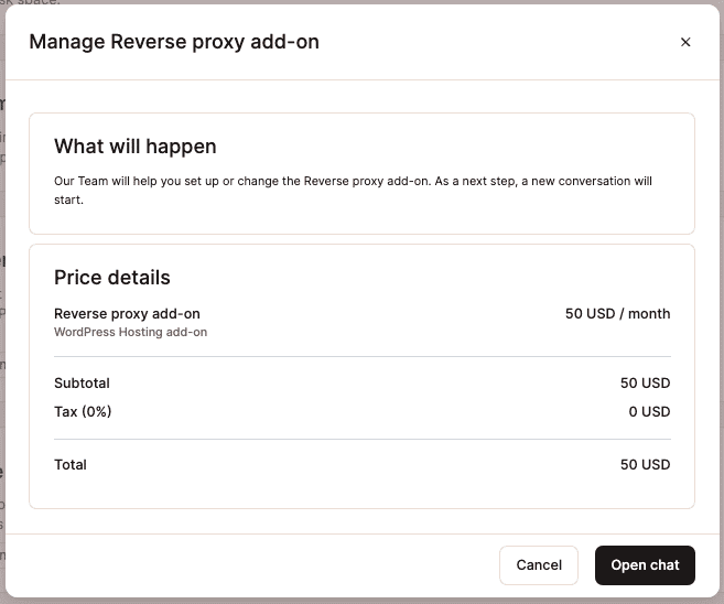 Reverse proxy add-on pricing information.