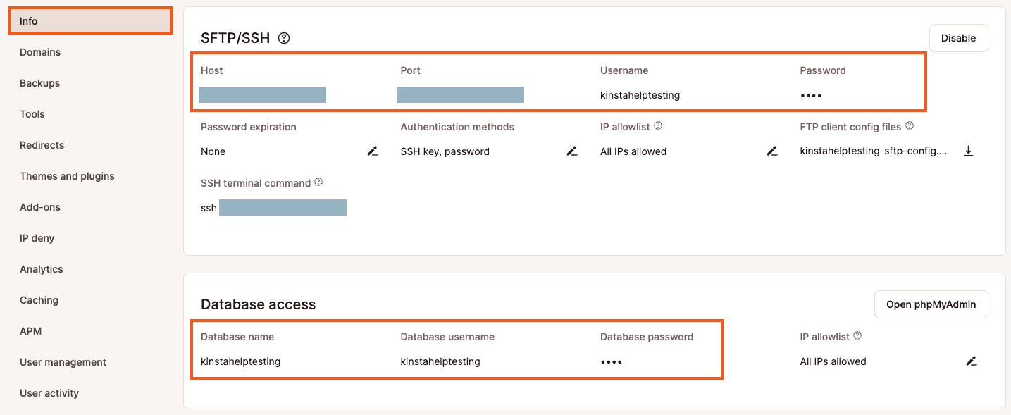 Credentials for setting up SSH tunneling can be found in MyKinsta.