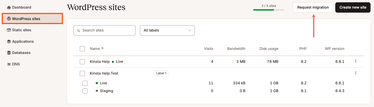  Select Request migration on the WordPress Sites page in MyKinsta.