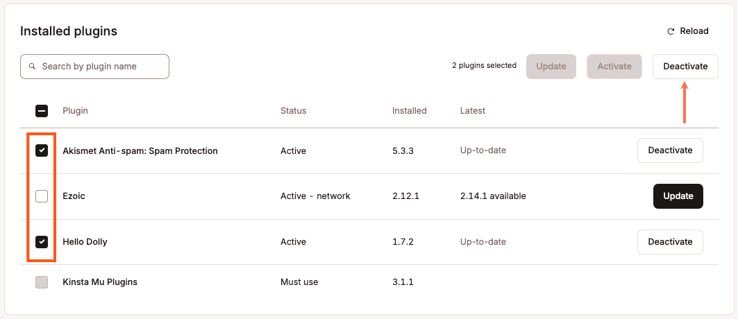 Deactivate multiple plugins.