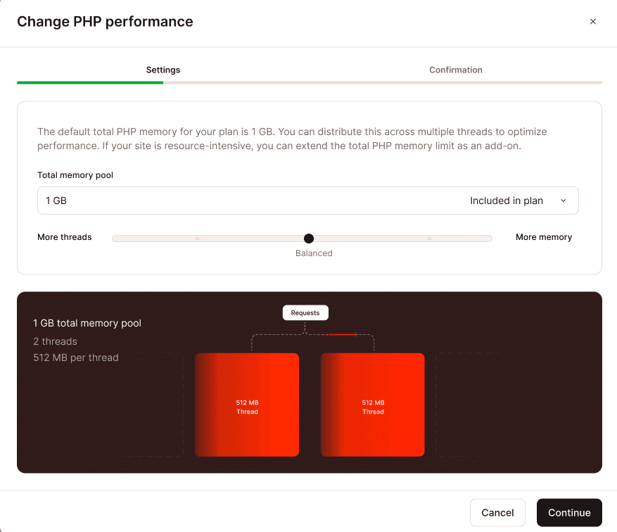 Change your PHP pool size, thread count or memory limit.