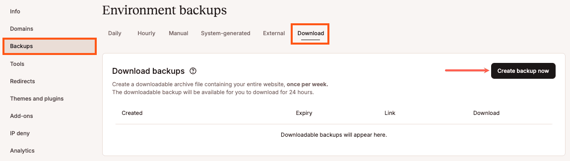 Maak een downloadbare backup in MyKinsta.