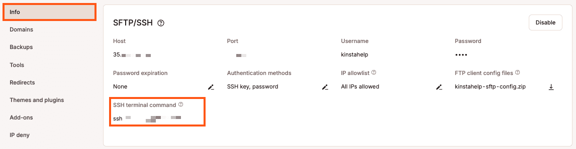 Comando de terminal SSH para tu sitio.