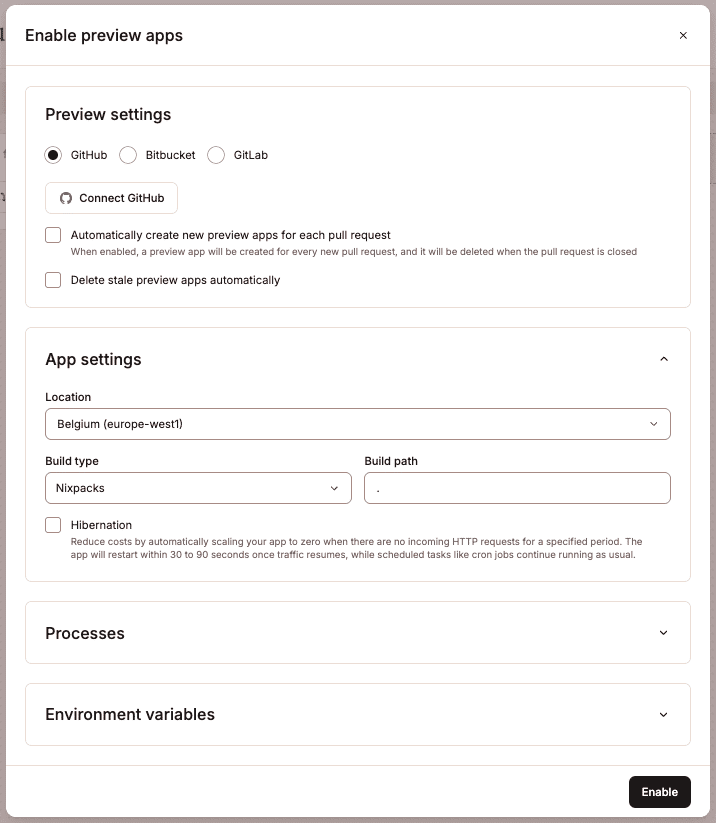 Configurações do aplicativo de pré-visualização.