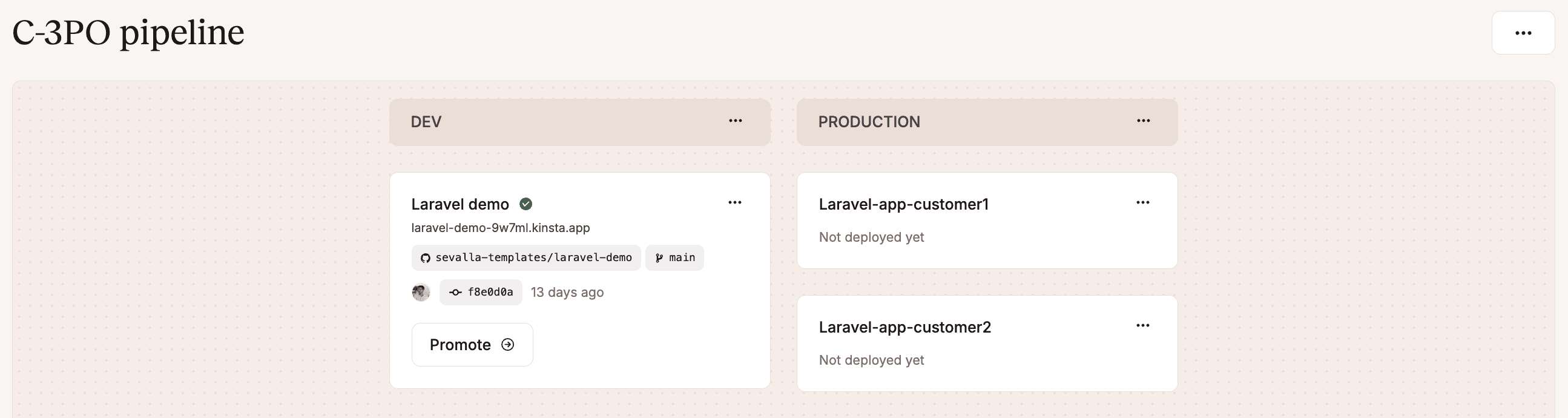 Application pipeline with two production environments. 