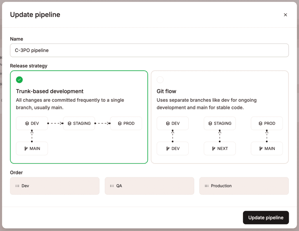 Configurações do pipeline de aplicativos.