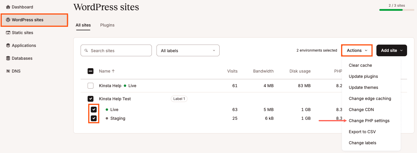 Select which environment you want to update the PHP version for.