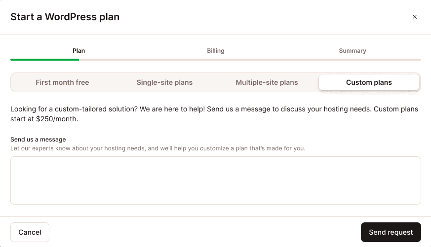 Sending a custom plan change request in MyKinsta.