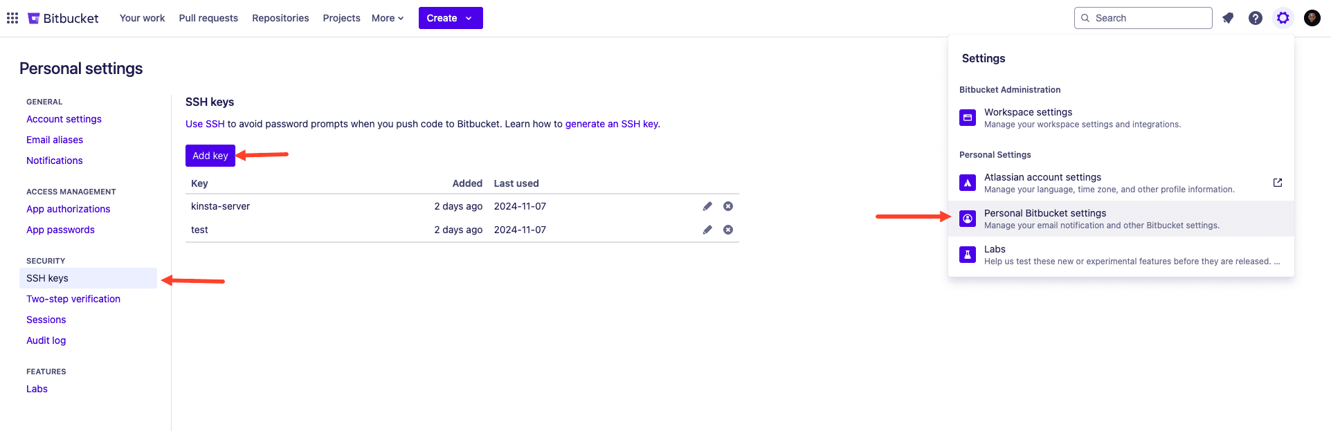 Come aggiungere la chiave SSH alle Impostazioni di Bitbucket.