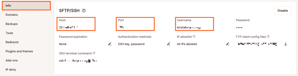 Nome utente, indirizzo IP e Porta dalla pagina Info del sito. 