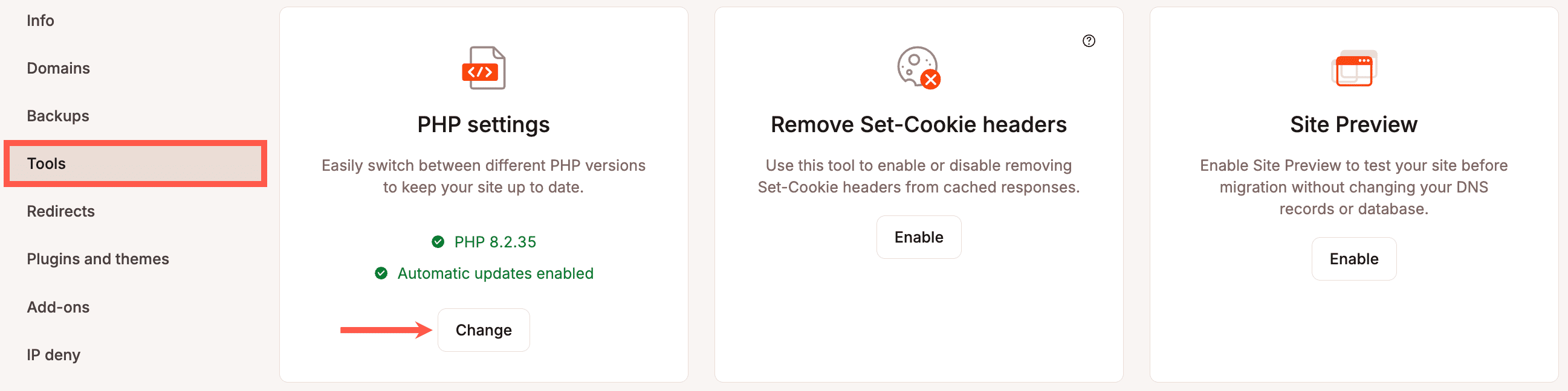 Change your PHP settings in the site's Tools menu.