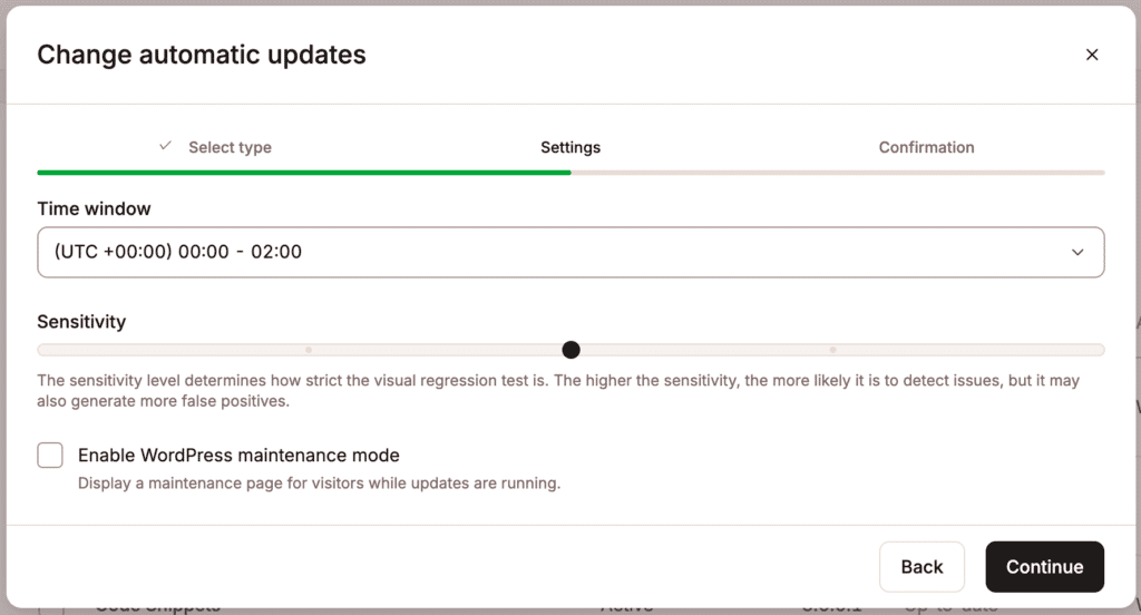 Choose your time window and sensitivity for Kinsta Automatic Updates.