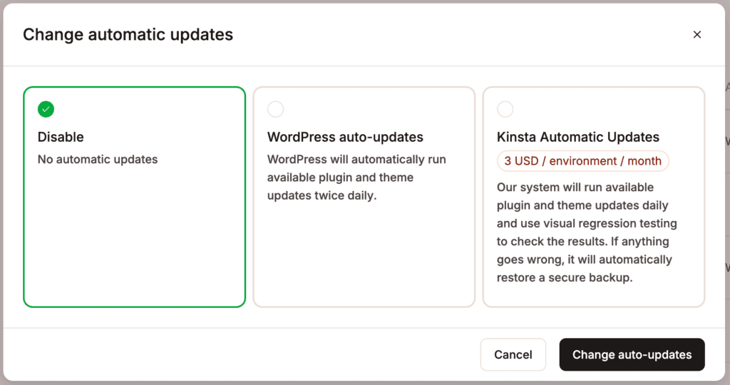 Enable WordPress auto-updates or Kinsta Automatic Updates.