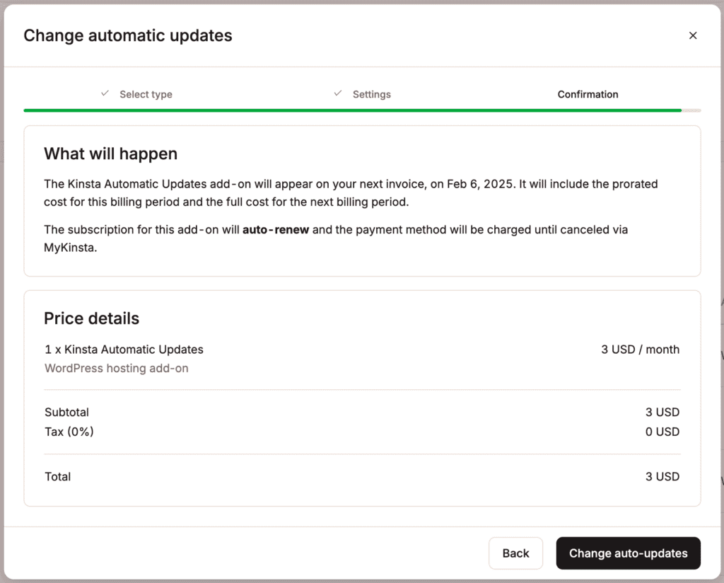 Billing information for Kinsta Automatic Updates.