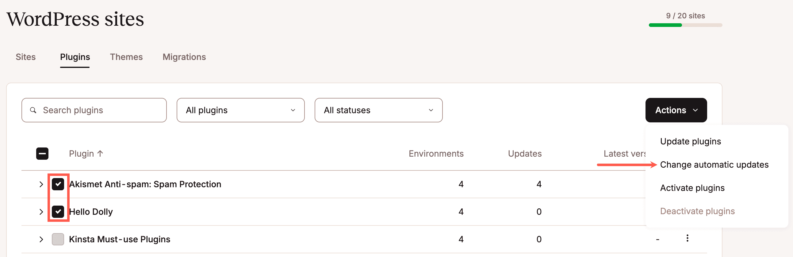 Enable automatic updates for multiple WordPress sites in MyKinsta.
