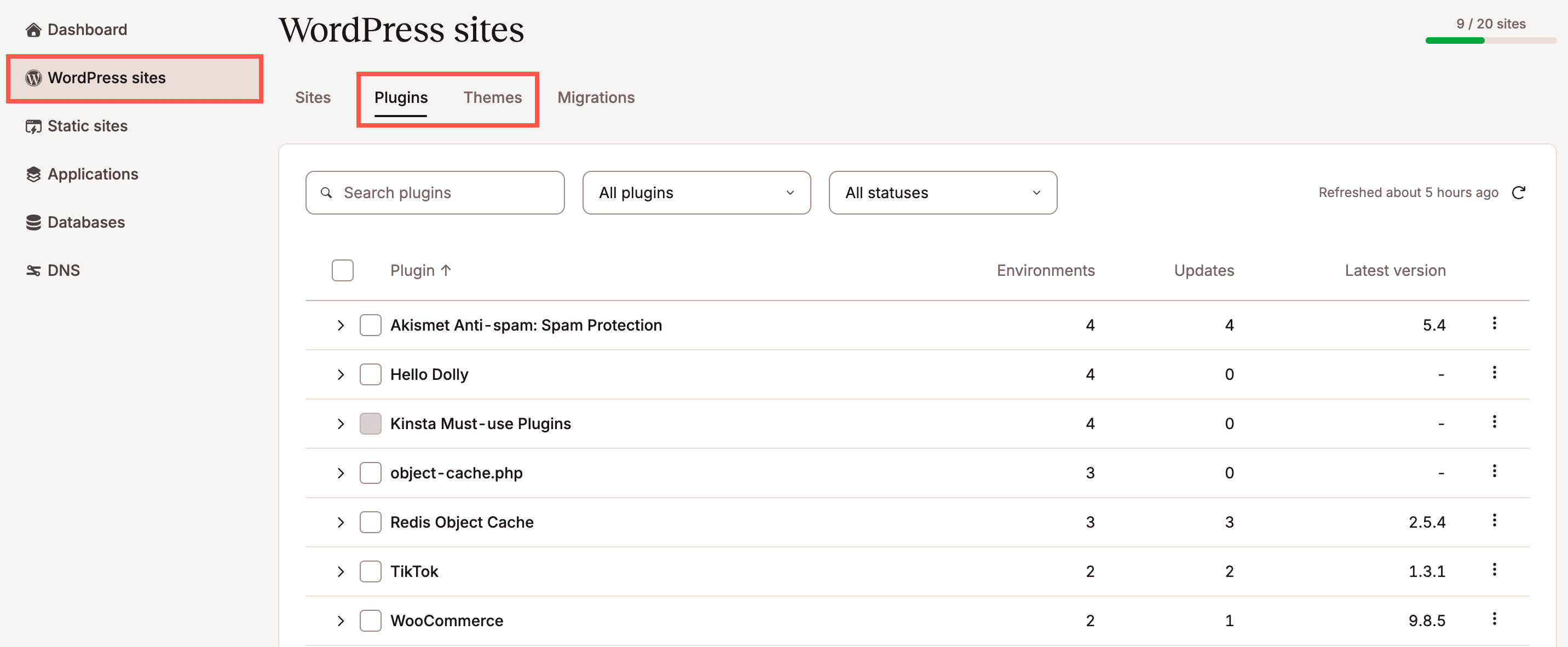 Manage your plugins and themes for all WordPress sites hosted on Kinsta.