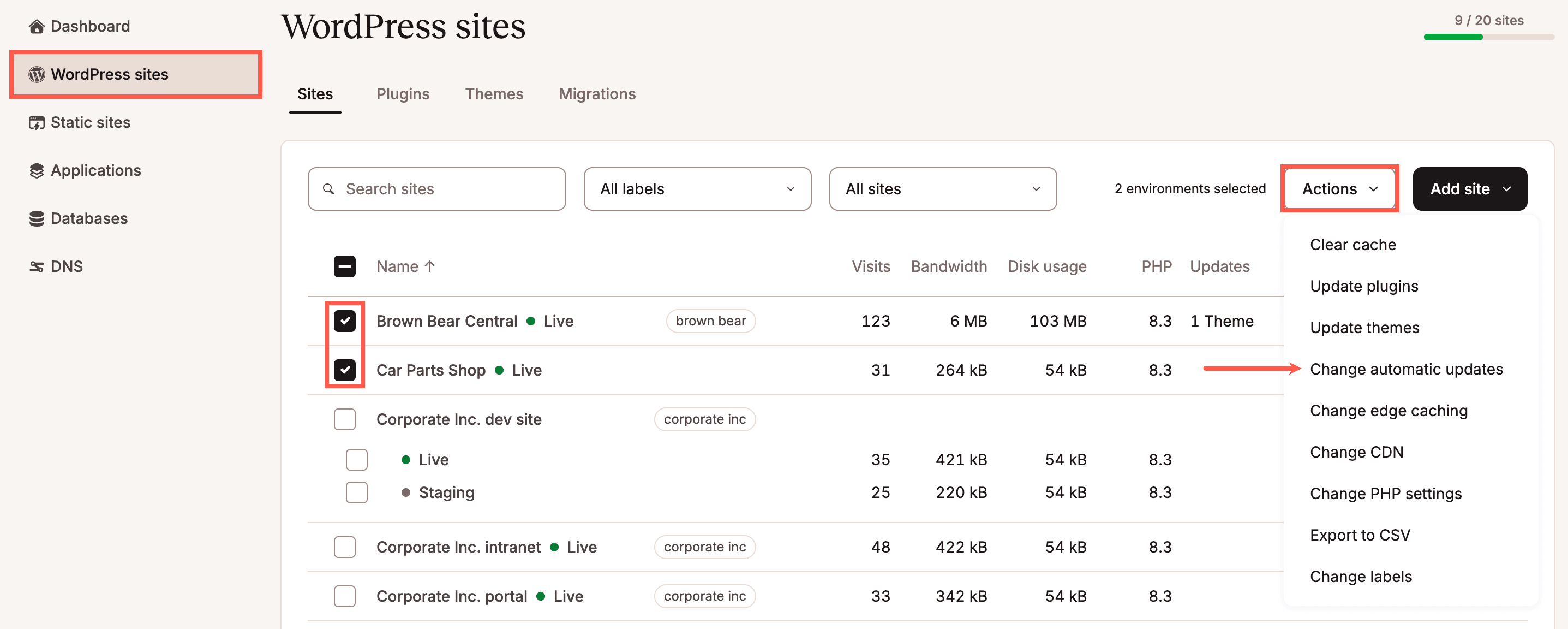Change automatic updates for your plugins and themes for multiple sites.