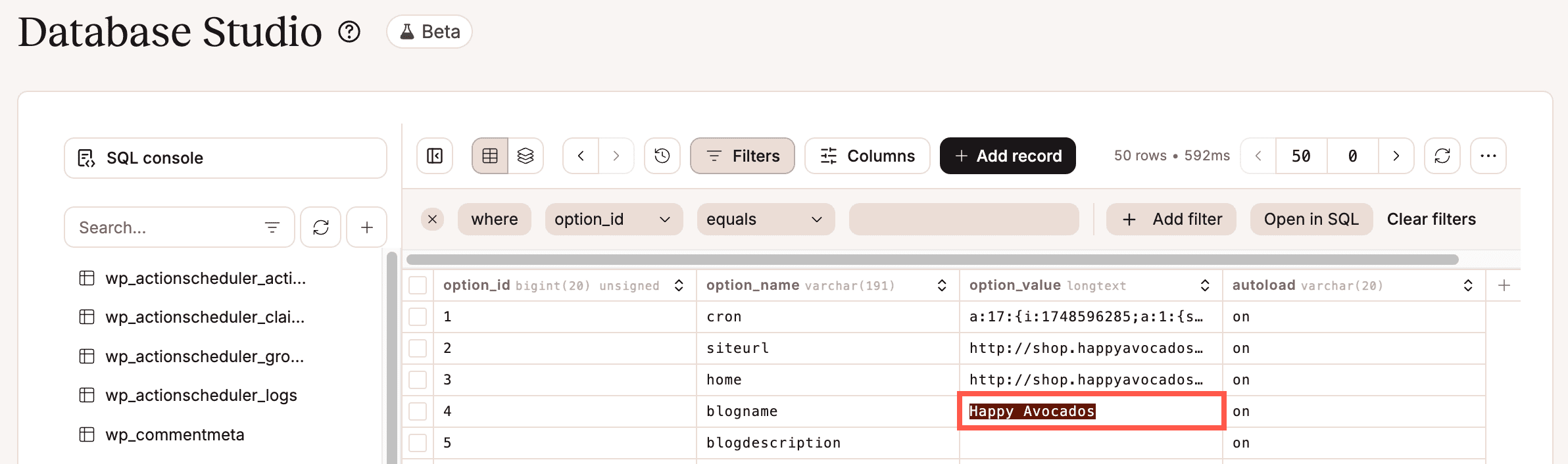 Edit a value in the Database Studio. 
