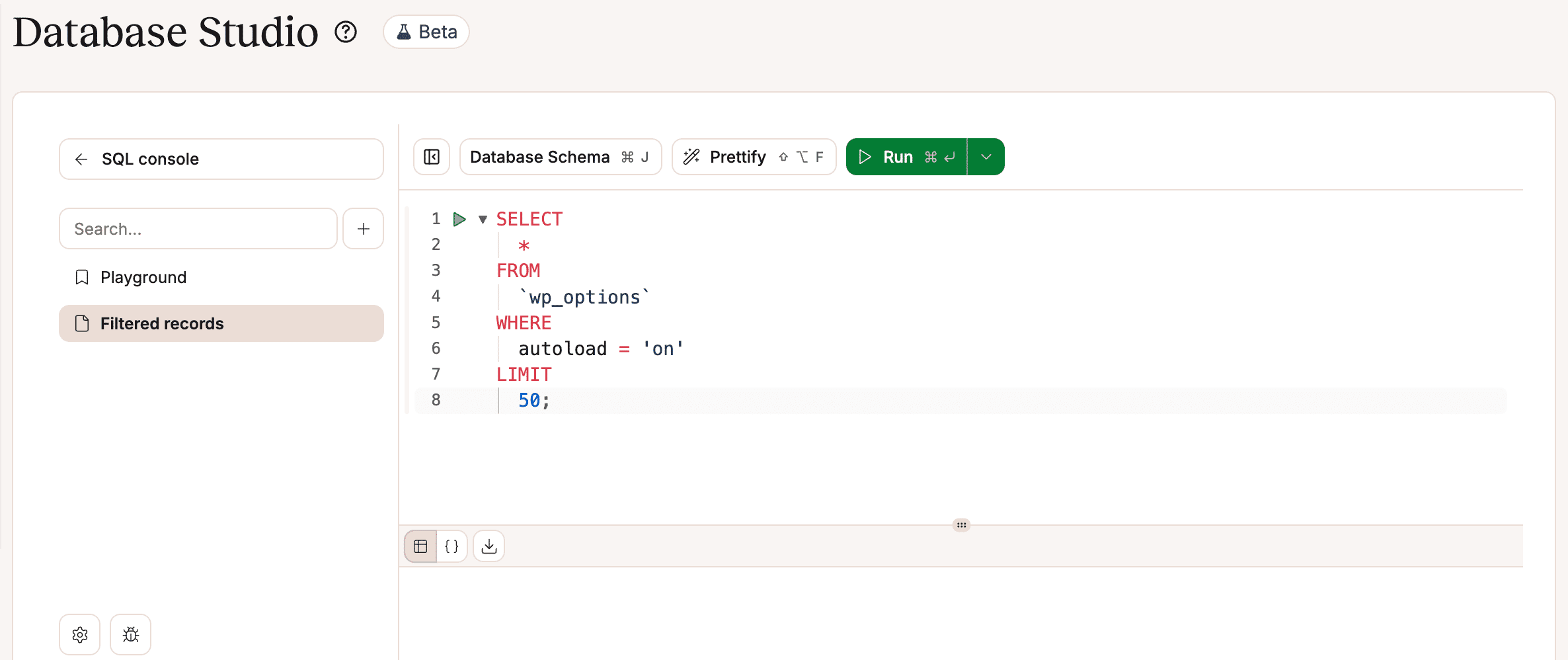 Database studio SQL editor.