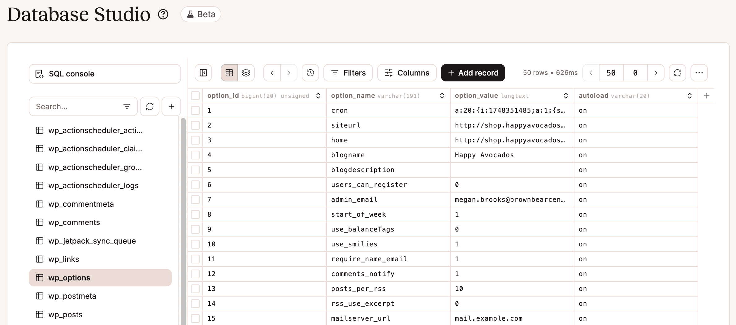 WordPress Database Studio in MyKinsta.