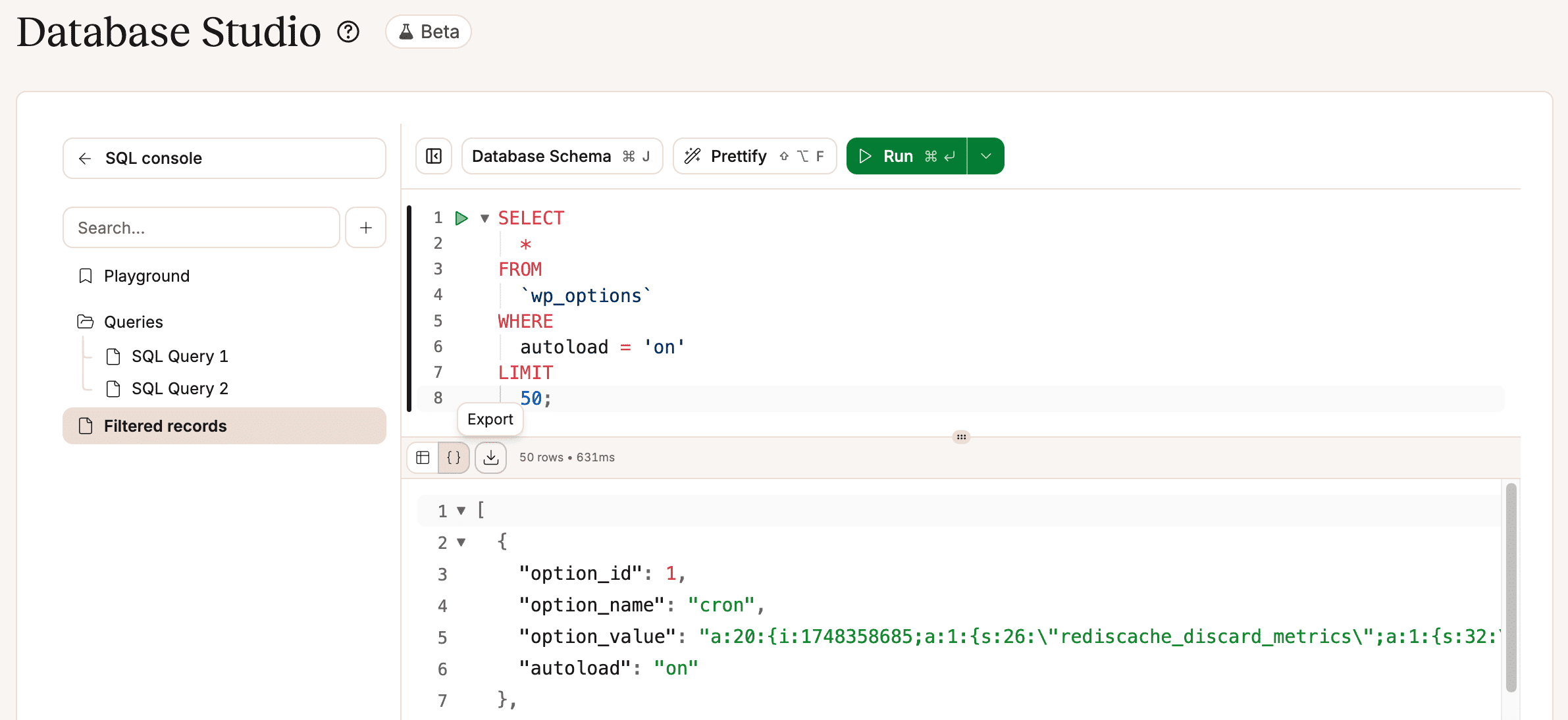 Database studio SQL console.