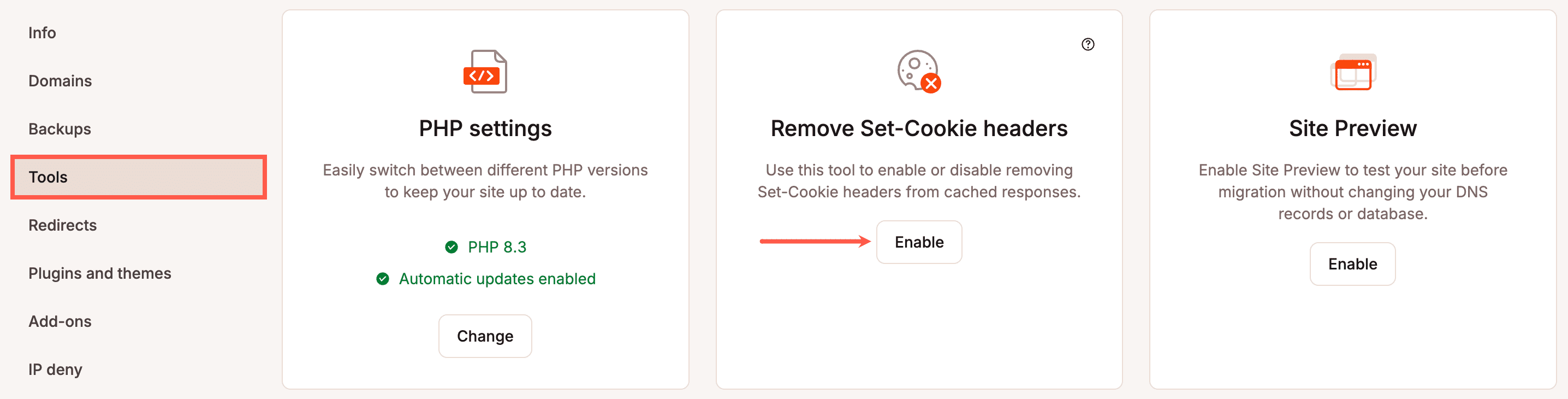 Enable or disable Remove Set-Cookie headers in MyKinsta.