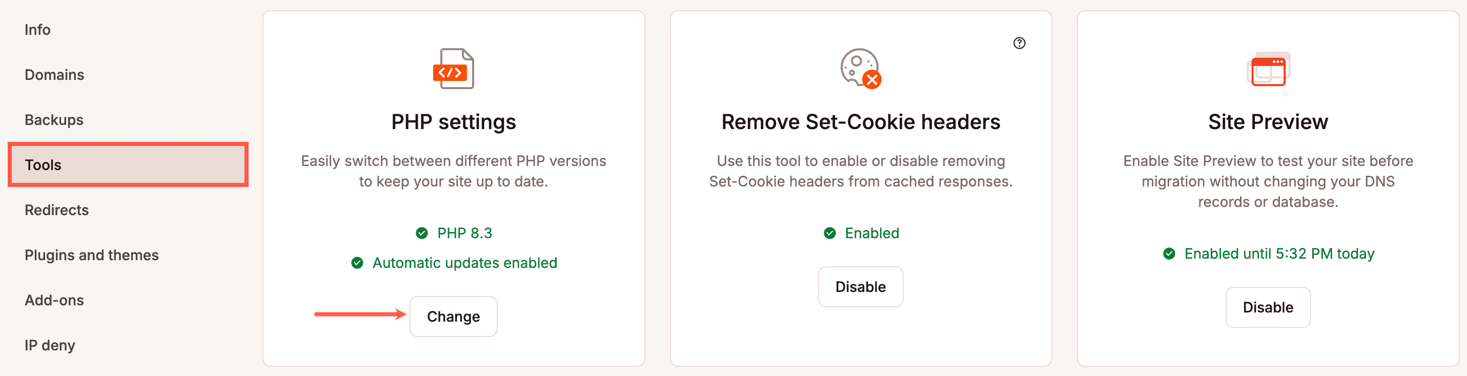 Change your PHP settings in the site's Tools menu.