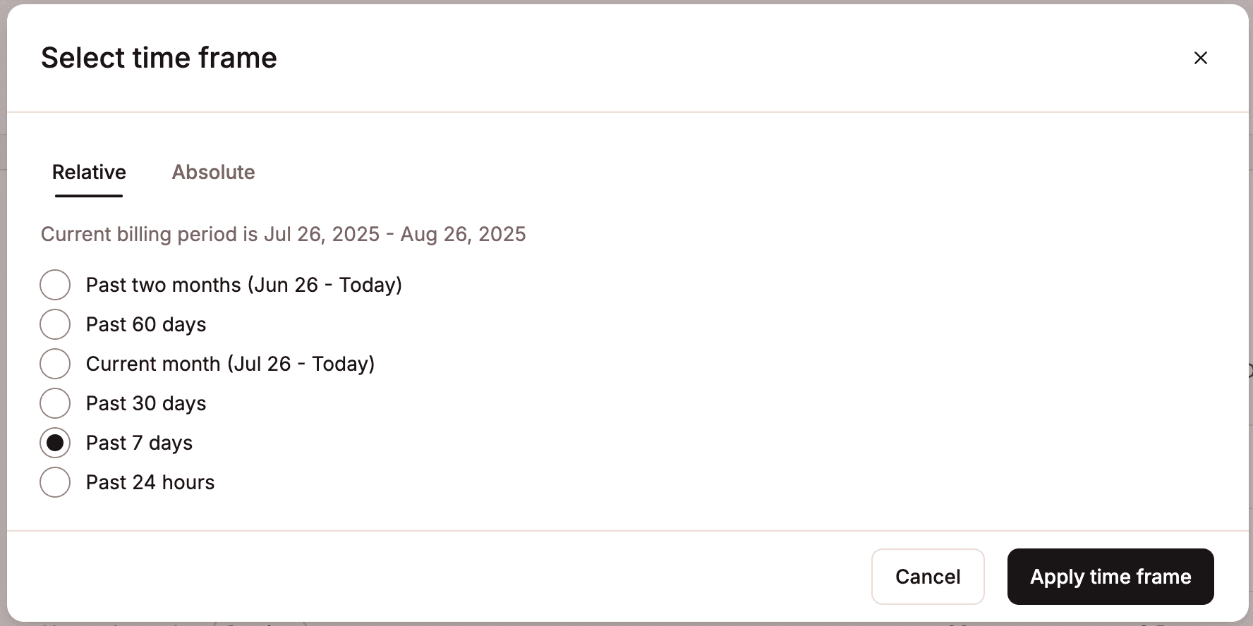 Analytics relative date selector.