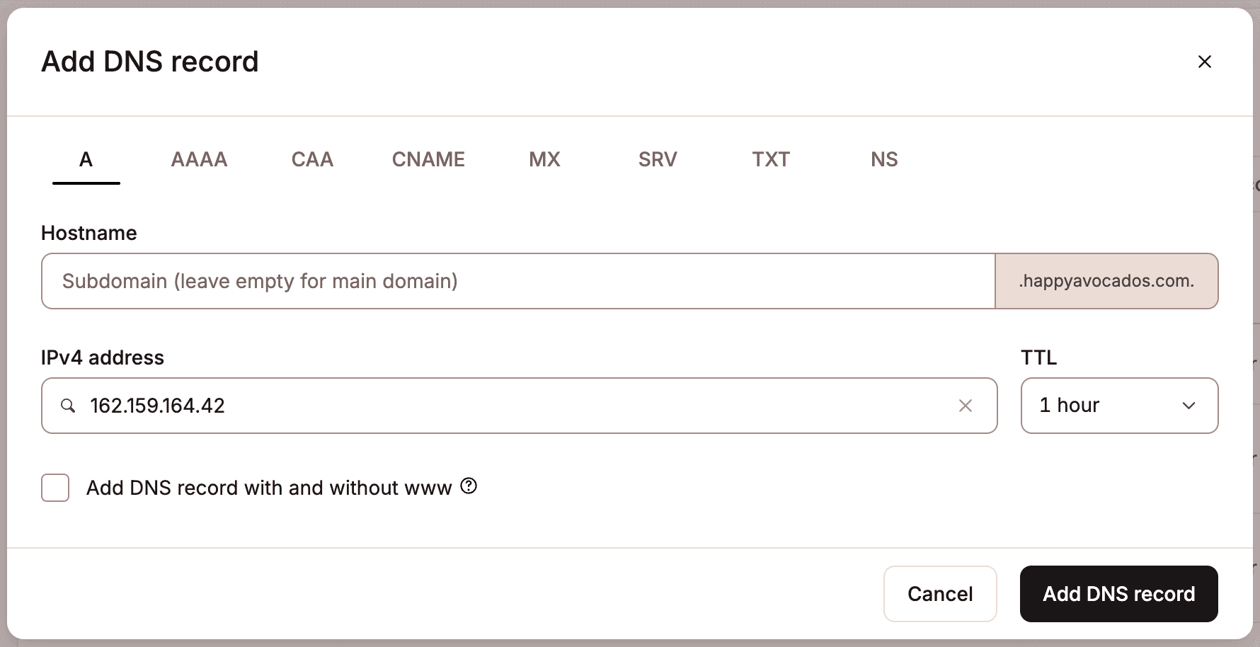 Add an A record in Kinsta's DNS.
