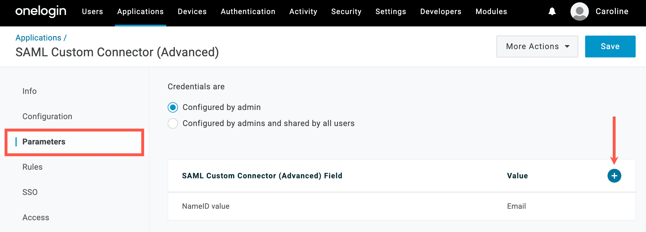 Add parameters in OneLogin.