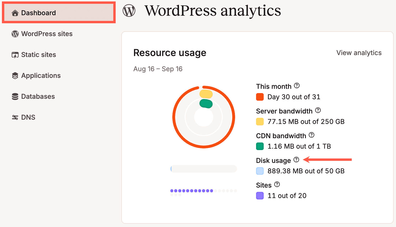 Total disk space usage in MyKinsta.