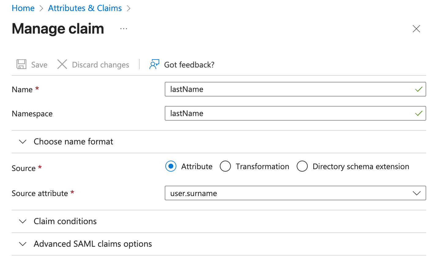 Update the surname claim in Microsoft Entra.