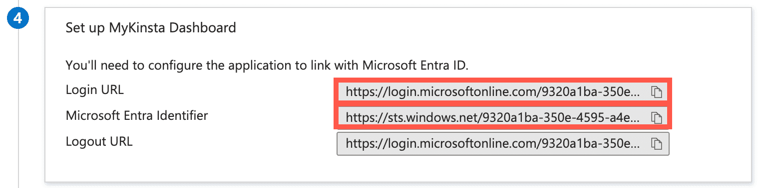 Microsoft Entra SSO URL and Entity ID for MyKinsta.
