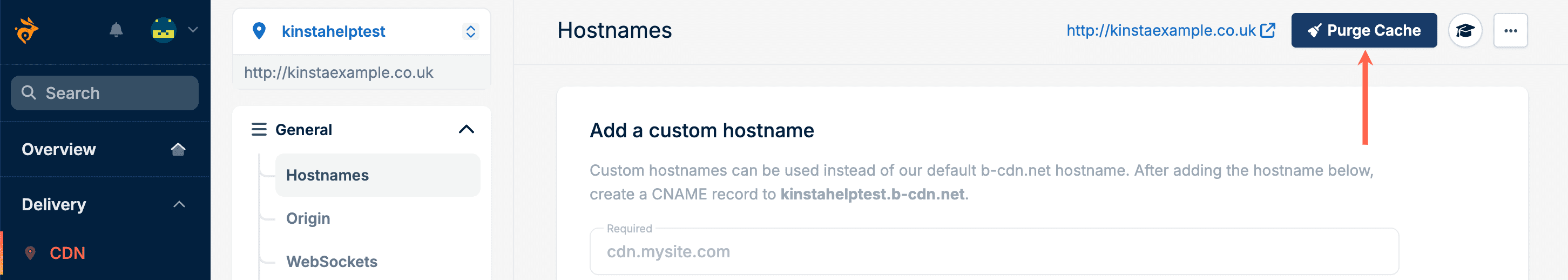 Svuotare la cache della CDN nella dashboard di Bunny.