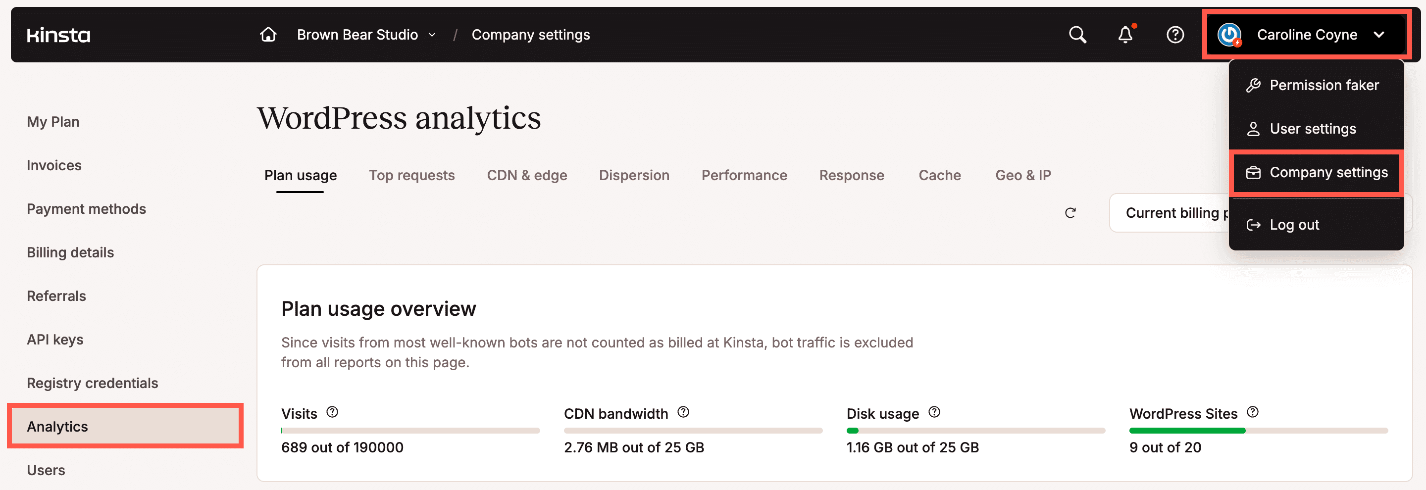 Company-level WordPress Analytics in MyKinsta.