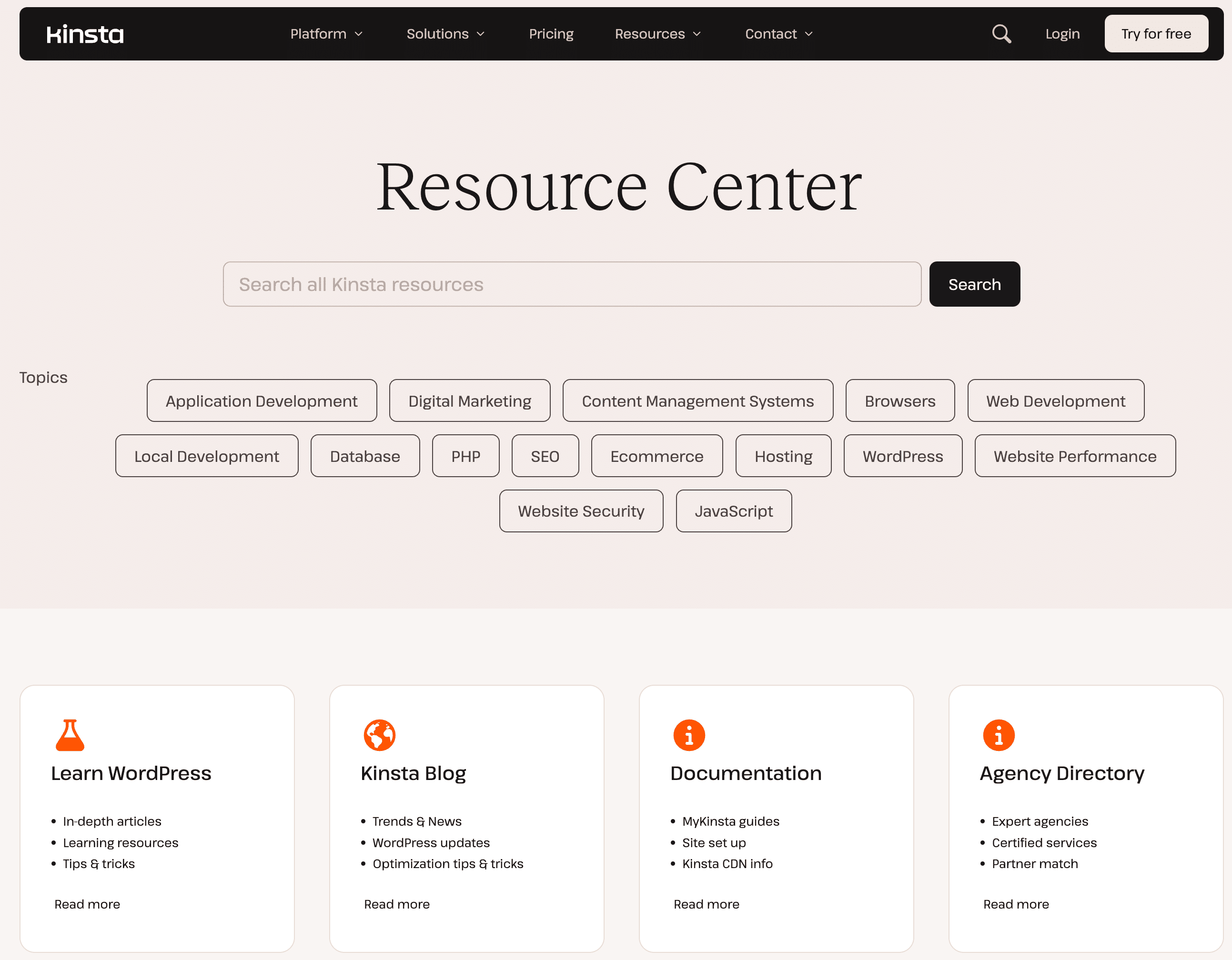 Kinsta Resource Center search.