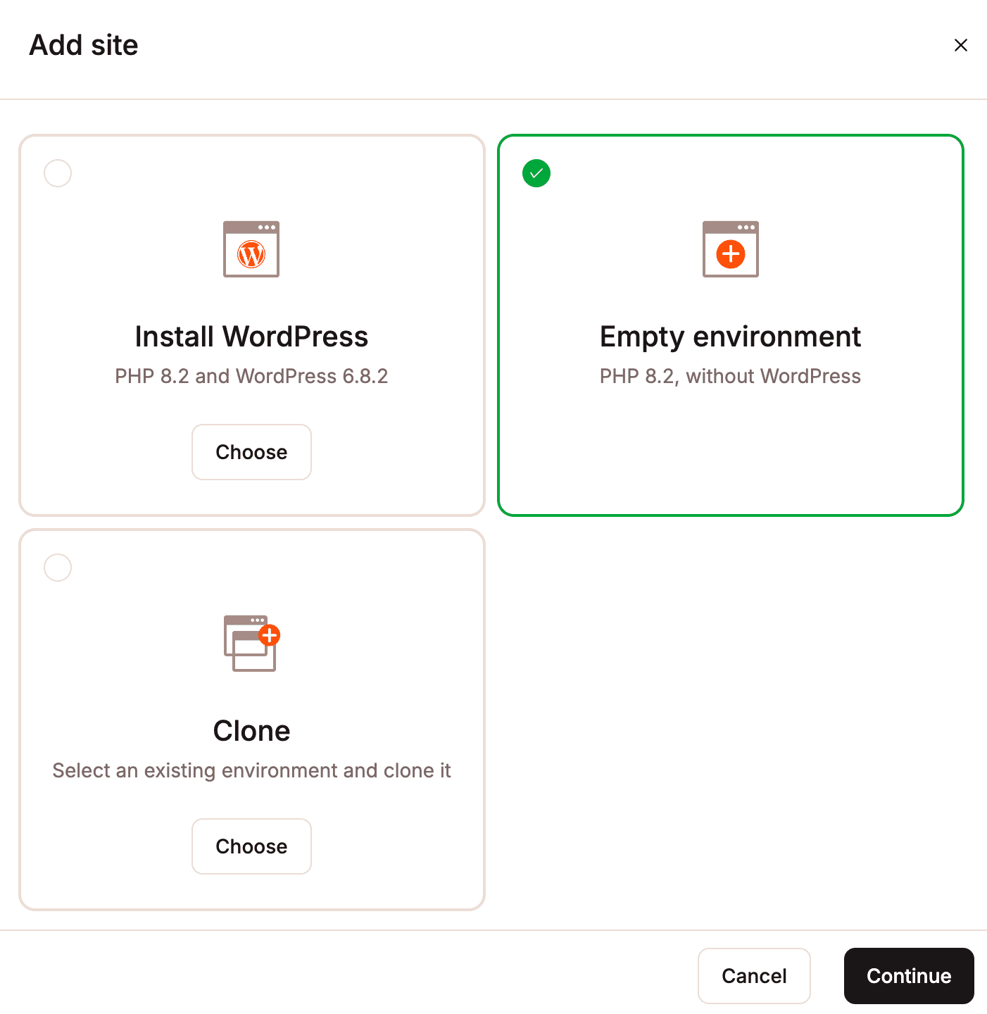 Add a new site without WordPress (empty environment).