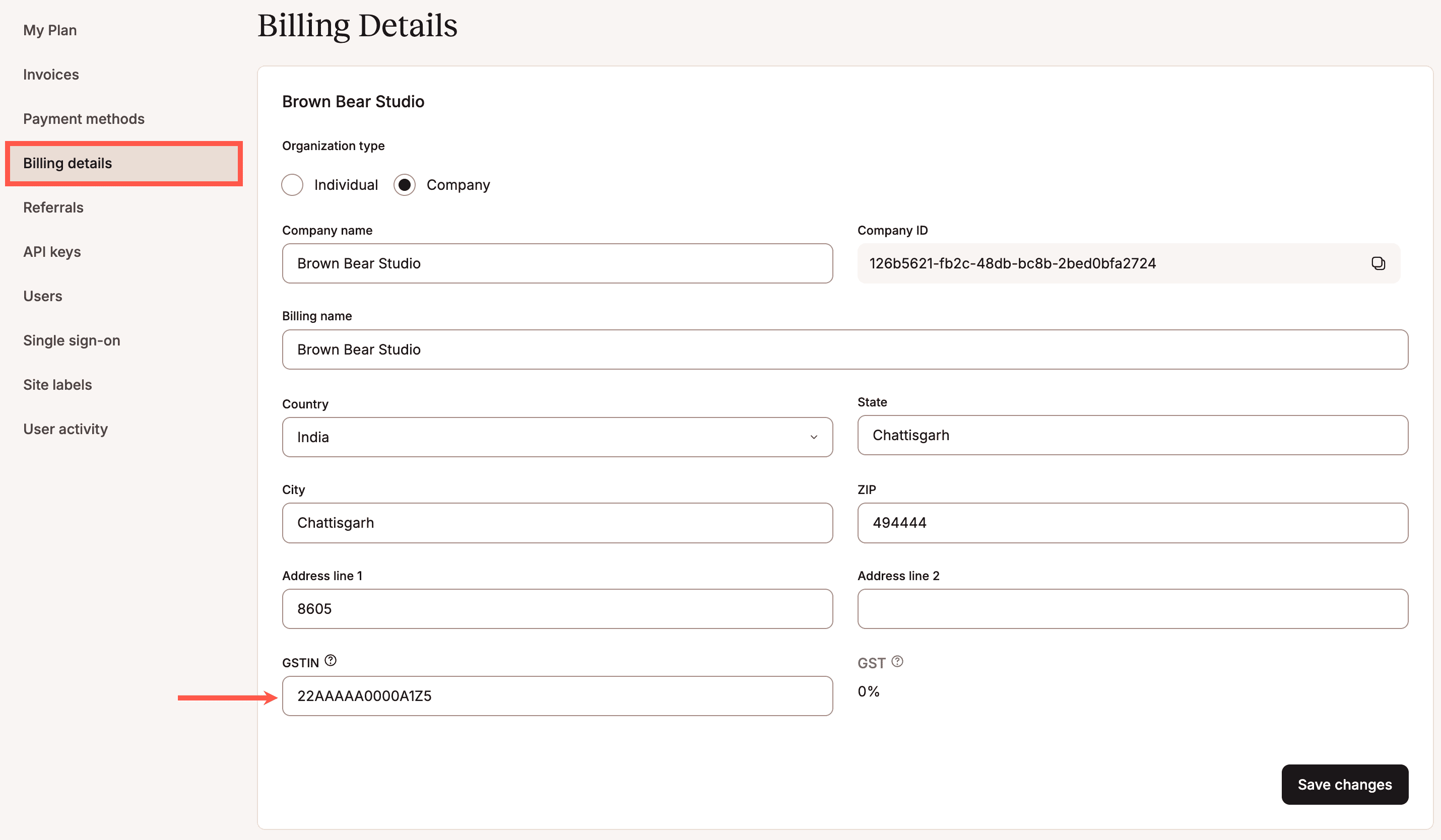The GSTIN field in MyKinsta.
