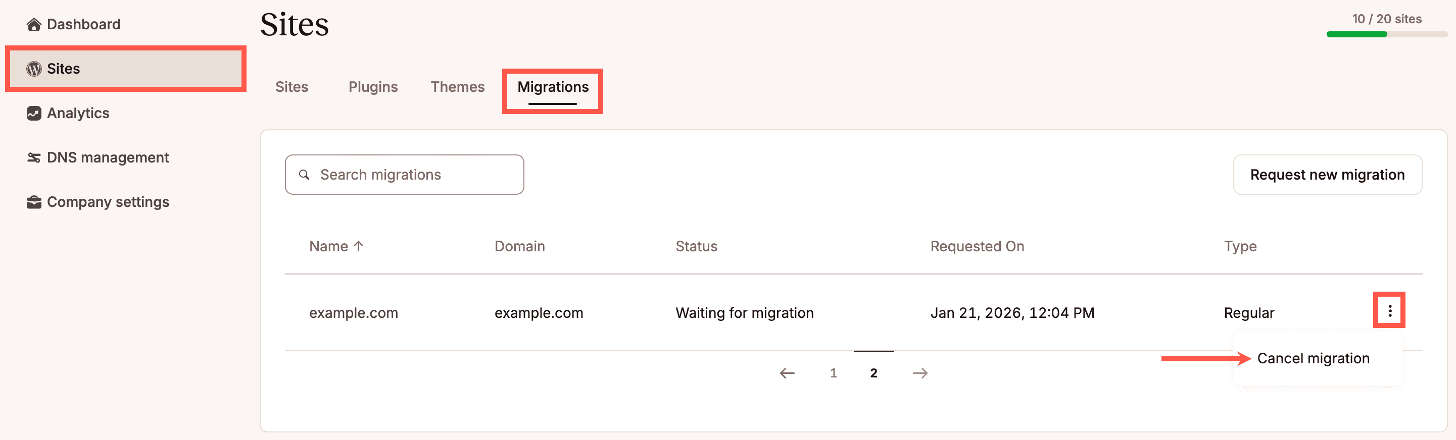 Cancel a site migration in MyKinsta.