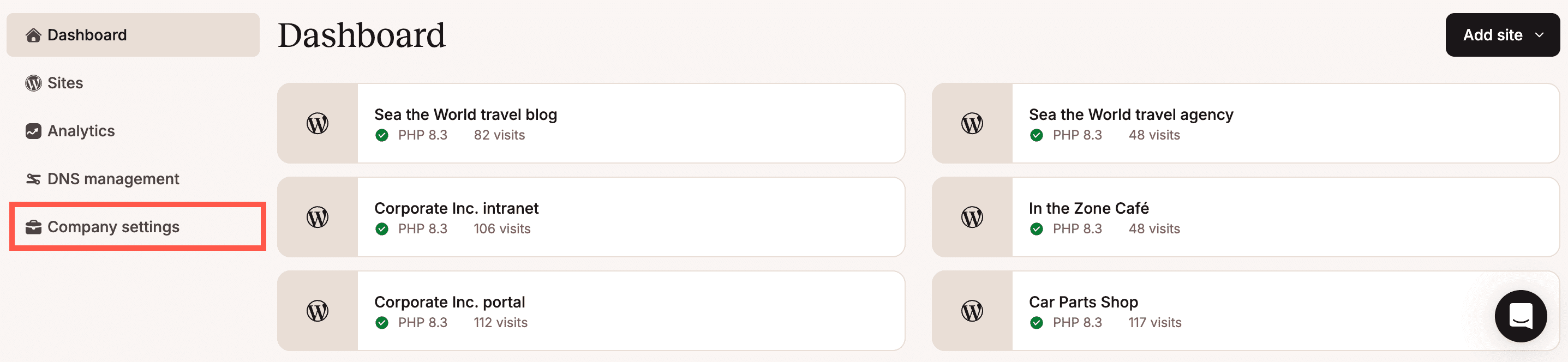 Access your company settings in MyKinsta.